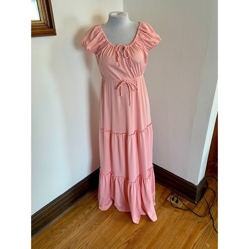 Vtg 60 70 Maxi Dress Pink Milkmaid Coquette Puff Tiered Prairie Gunne Tie 11